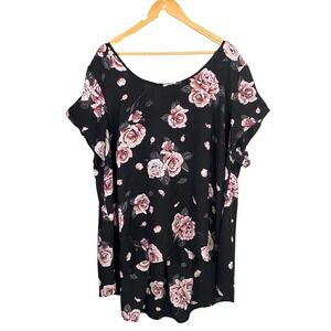 Torrid Black Floral Rose Print Short Sleeve Scoop Neck Tunic Top Size 4‎ Boho